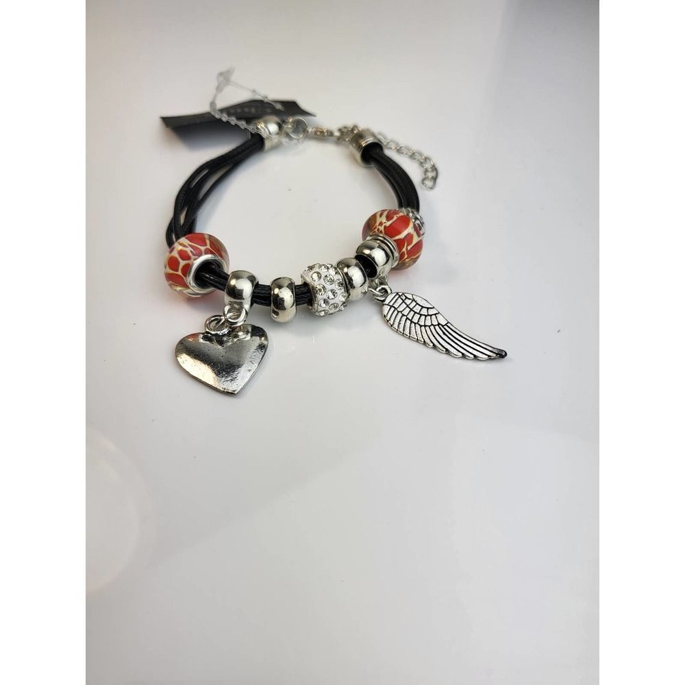 Women's Faux Leather Strap Black Red Silver Angel Wing Heart Charm Bracelet
